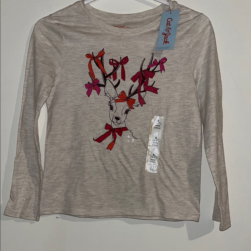 Cat & Jack Beige Deer Graphic Long Sleeve Shirt